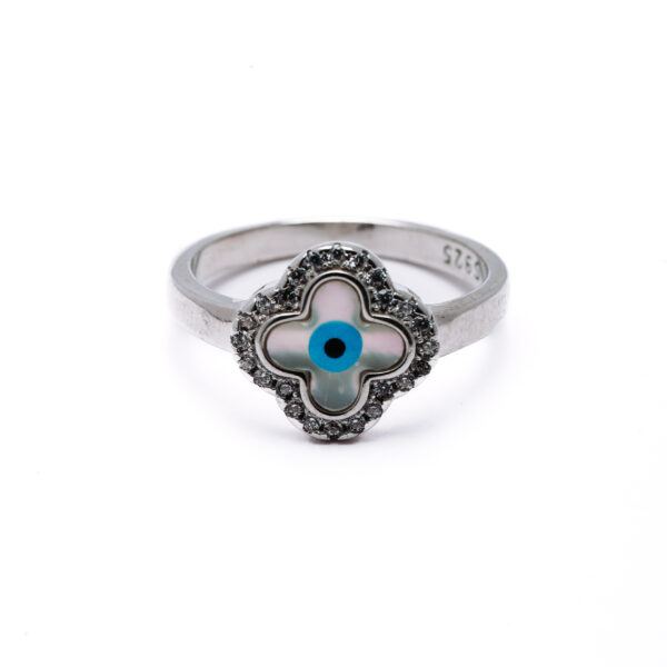 Silver Evil Eye Clover Ring 1