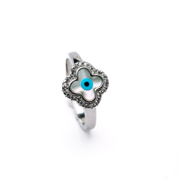 Silver Evil Eye Clover Ring 2